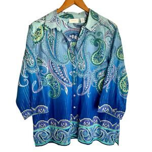 Chico's Blue Green Silver Metallic Paisley Button Up Shirt Sz 16 Casual Career